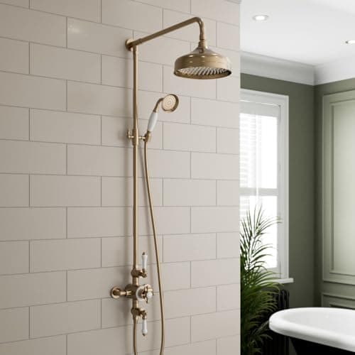 Image of Park Lane® Bathroom Thermostatic Mixer Shower, Traditional Crosshead Exposed Bar Valve Round Drencher Rainfall Head, Hose & Handset, Brushed Brass