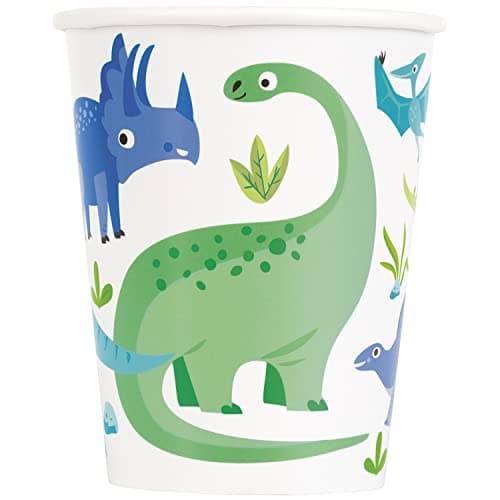 Image of Unique 78306EU - Plastic Free Paper Cups - 266 ml - Blue & Green Dinosaur Party - 8 Count (Pack of 1)