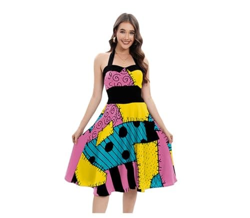 Image of Shukqueen Womens Christmas Nightmare Sally Cosplay Dresses Strappy Halter Neck Sleeveless Dress Halloween Costume Yellow Small