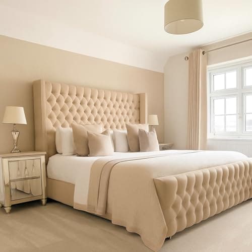 Image of Bespoke Chesterfield Chelsea Wing Bed Frame - UK made - Single/Double/King/Super King Size Plush Velvet Fabric Upholstered (Beige Plush, King size 5ft)
