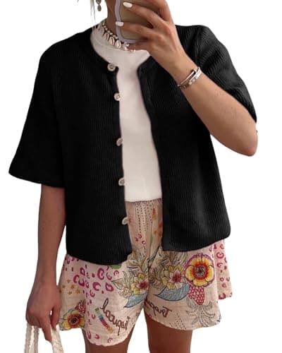 Image of Acrawnni Women Y2k Crop Knit Cardigan Button Down Short Sleeve Ribbed Knitted Crop Top Sweater Knit Tops Outwear Streewear (B-Black, S)
