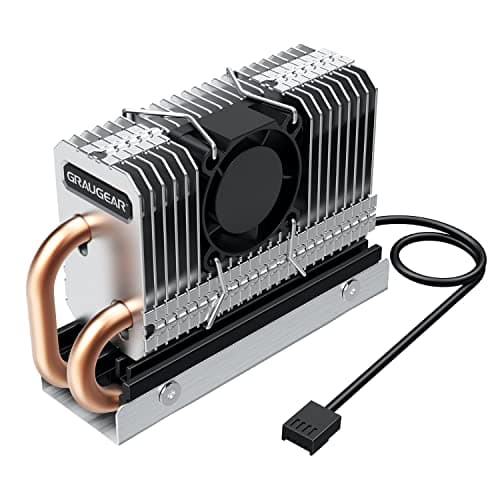 Image of GRAUGEAR M.2 NVMe SSD (2280) Cooler | Heatpipe Cooler with Fan for M.2 SSD | Active | 25 mm PWM Fan | Low Noise | 4 x Thermal Pads | Copper Heatpipe | Aluminium Slats | G-M2HP04-F