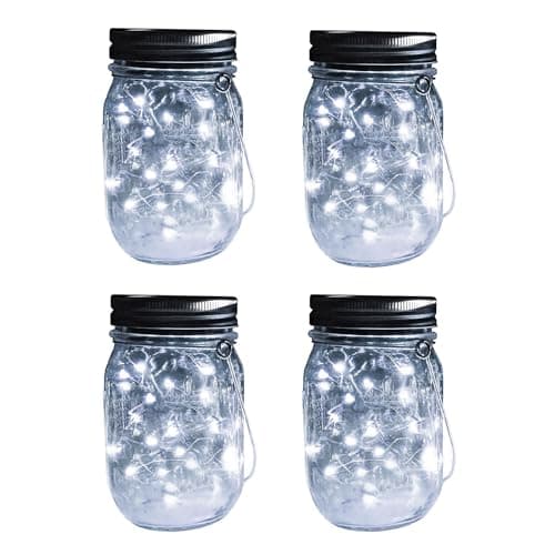 Image of YZOTEK Solar Mason Jar Lights - 4 Pack 30 LED Fairy Firefly String Lights Hanging Starry Lantern Sets, Outdoor Waterproof Patio Porch Garden Yard Balcony Lawn Handmade Wall Lighting Decor