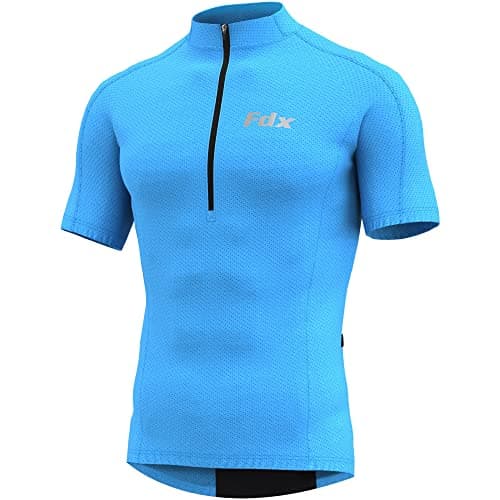Image of FDX Men’s Cycling Jersey - Half Zipped, Half Sleeves, Summer Cycle Breathable Tops with 4 Pockets - Bicycle Riding Shirt, MTB Racing, Mountain Bike, Running, Outdoor Sports Clothes (Blue, Medium)