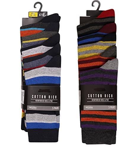 Image of K Collection Mens Ex Store Socks - 10 Pack - Cotton Rich Purista - Stripe Design Socks - Assorted Colours - UK Shoe Size 9-11