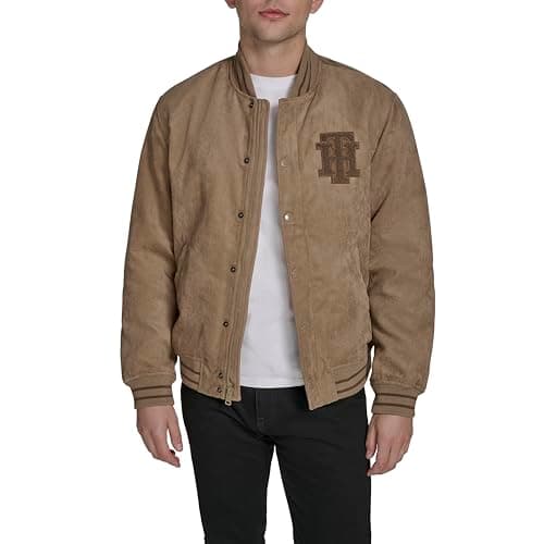 Image of Tommy Hilfiger Men's Faux Suede Logo Varsity Bomber Jacket, Tan, XL
