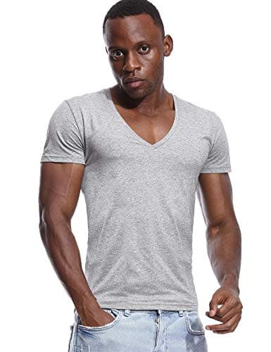 Image of Deep V Neck T Shirt for Men Low Cut Stretch Tee Vee Top Short Sleeve Gray L