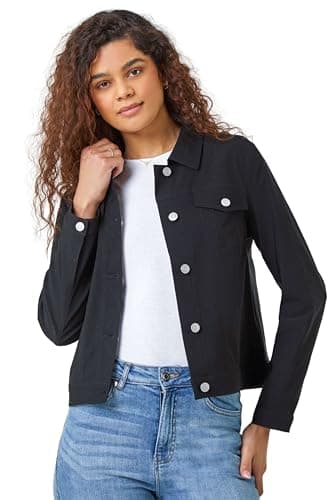 Image of Roman Originals Stretch Jacket for Women UK - Ladies Denim Jean Summer Coat Bengaline Casual Smart Utility Trucker Biker Fitted Classic Work Spring Soft Vintage - Black - Size 14