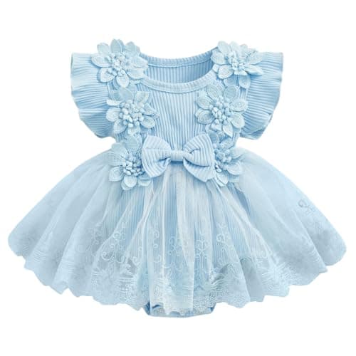 Image of imKutie Baby Girl Romper Dress, Newborn Infant Flower Lace Embroidery Ruffle Boho Princess Dresses Half 1st Birthday Gift Cake Smash Outfits Photoshoot Clothes 0-18 Months Blue
