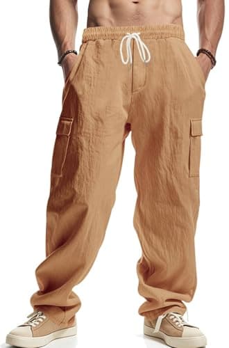 Image of PADOLA Men's Lightweight Linen Cargo Trousers Loose Fit Summer Casual Holiday Beach Linen Pants Comfortable with Pockets(S,Yellow)