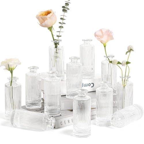 Image of ComSaf Glass Bud Vases Set of 12, Small Bud Vase in Bulk, Mini flower vase for Centerpiece, Vintage Decorative Vase Set for Flowers, Wedding Reception, Christmas, Home Decor, Housewarming Gift (Clear)