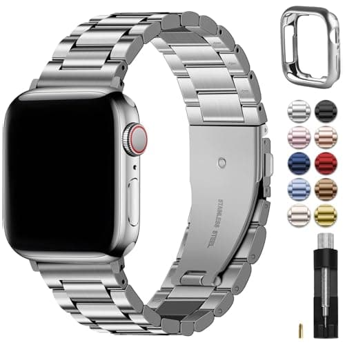 Image of Fullmosa Compatible with Apple Watch Straps 44mm 46mm 45mm 42mm 49mm, Metal Stainless Steel Replacement Bands for iWatch Ultra SE 3/2/1/Series 11/10/9/8/7/6/5/4/3/2/1, Silver & Protective Case