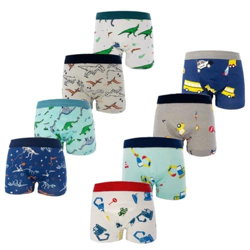 Image of FedMois Boys Knickers Cotton Boxer Briefs Underpants Underwear (Pack of 8), Dinosaurs and Auto, 7-9 Years