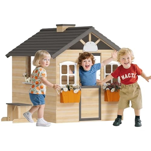 Image of Outsunny Wooden Playhouse for Kids, Outdoor Wendy House with Door, Windows, Bench, Service Stations, Flower Box, for Ages 3-7 Years, Natural