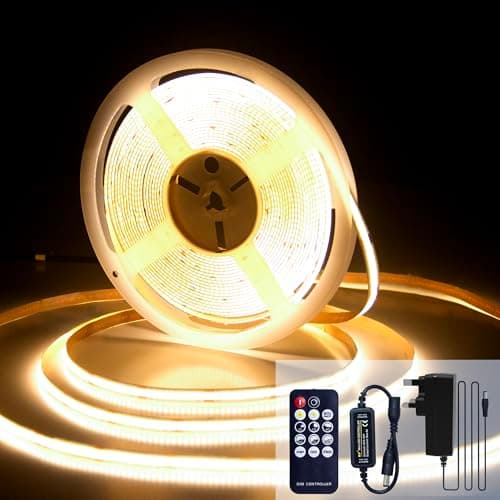 Image of luktix COB LED Strip 10M, 3000K Warm White LED Strips, 24V Dimmable LED Strip Lights, CRI92+,8mm Width, with Remote Control and Power Supply,for Living Room, Kitchen, Mirror