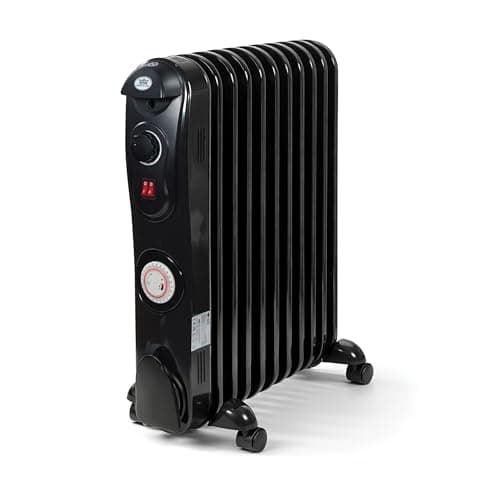 Image of PREM‑I‑AIR 2500W / 2.5kW 11‑Fin Portable Electric Oil Filled Radiator Heater with Adjustable Thermostat, Timer, Castors, Safety Tip‑Over Switch & Thermal Cut‑Off – Quiet Operation – Black