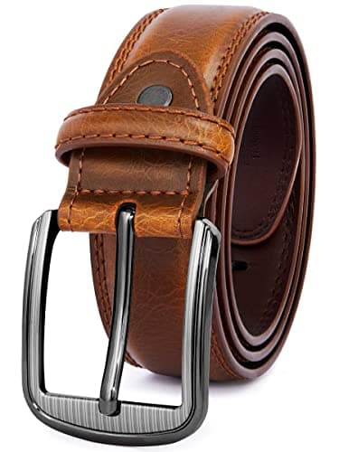 Image of GSG Mens Leather Belts Double Stitched Belts for Jeans, Suits, Work, Uniform with Single Prong Buckle Brown 32-36 inch