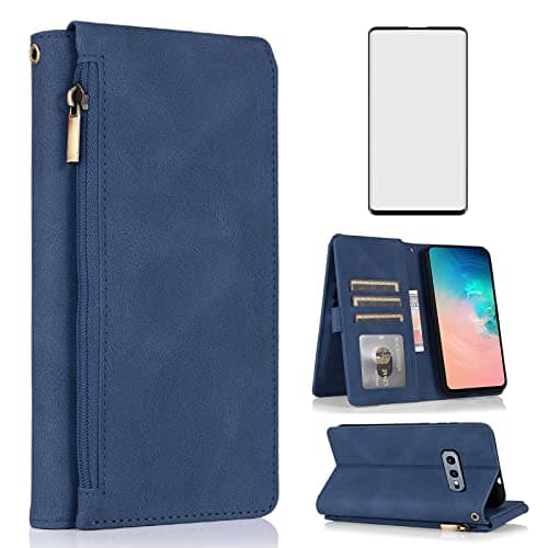 Image of Compatible with Samsung Galaxy S10e Wallet Case Tempered Glass Screen Protector Zipper Leather Flip Cover Card Holder Stand Cell Accessories for Glaxay S 10e Gaxaly 10se Galaxies Se10 Women Men Blue