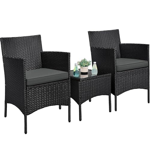 Image of Yaheetech 3-Piece Rattan Garden Set, Outdoor Patio Conversation Furniture, Woven Chairs & 1 Side Table with Cushions for Bistro/Porch/Garden/Deck/Courtyard, Black/Grey