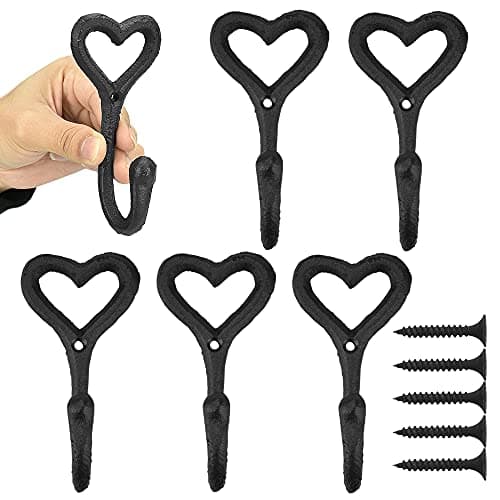 Image of VCRANONR 5 Pcs Funky Coat Hooks Black Love Heart Wall Mounted Clothes Hanger Rustic Vintage Cast Iron Metal Coat Hooks with 5 Pcs Screws for Hanging Coat Scarf Bag Towel Key Hat Robe