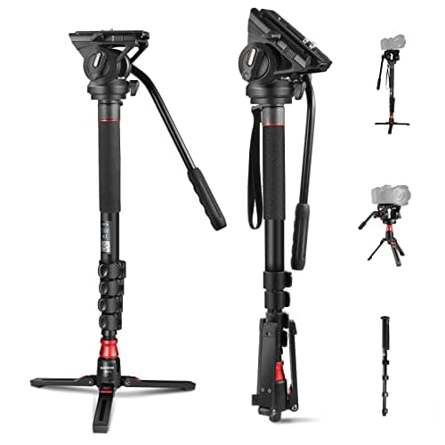 Image of NEEWER Professional Camera Monopod with Feet, 70.5"/179cm Telescopic Portable Aluminum Travel Monopod & Pan Tilt Fluid Head & Removable Tripod Base for DSLR Camera Camcorder, Max Load 13.2lb/6Kg, GM76