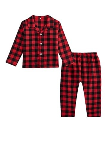 Image of JiAmy Kids Christmas Pyjamas Girls Boys Plain Pyjamas Set Long Sleeve Top Check Bottoms Xmas PJs Red