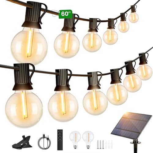 Image of Torkase 60FT Solar String Lights Outdoor with Remote, Commercial Grade Patio Lights with 25+2 Shatterproof G40 Globe LED Filament Bulbs, Dimmable Outside Edison Hanging Light for Backyard Party Decor