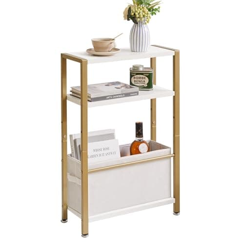 Image of Aibiju Narrow Side Table, 3-Tier Slim End Table with Fabric Basket, Modern Sofa Table for Narrow and Small Spaces, with Gold Metal Frame, White YD-TM052J