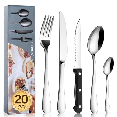 Image of BEWOS 20-Piece Cutlery Set with Steak Knives - Stainless Steel Tableware Set for Kitchen, Mirror Polished Knives, Forks and Spoons Cutlery for 4, Dishwasher Safe