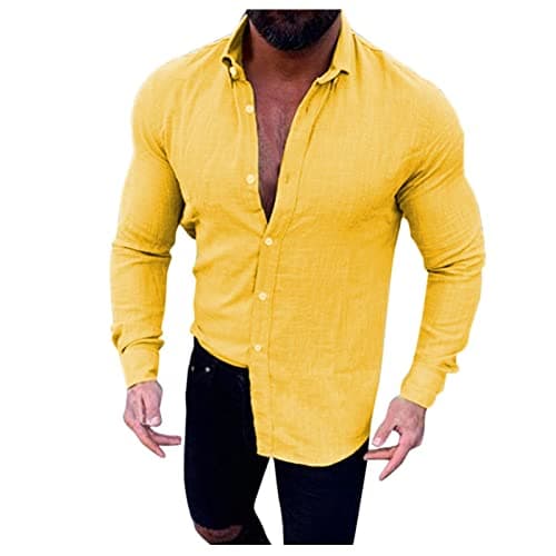 Image of Casual Shirts Long-Sleeved Men - Dress Shirts Solid Shirt Button Down Shirt Beach Shirts Tops Lightweight Walking Hiking Shirt Slim Fit Outdoor Shirts Tops Holiday Shirt Everyday Wear Yellow