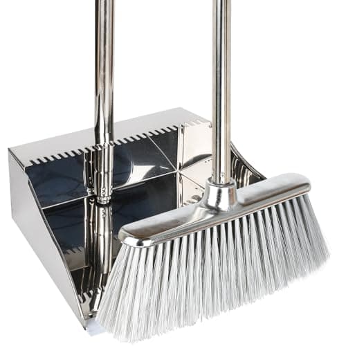 Image of Gloffer Stainless Steel Dustpan with Brush Set,Long Handle Sweeping Broom and Heavy Duty Metal Dust Pan Indoor Outdoor for Home,Lobby,Office