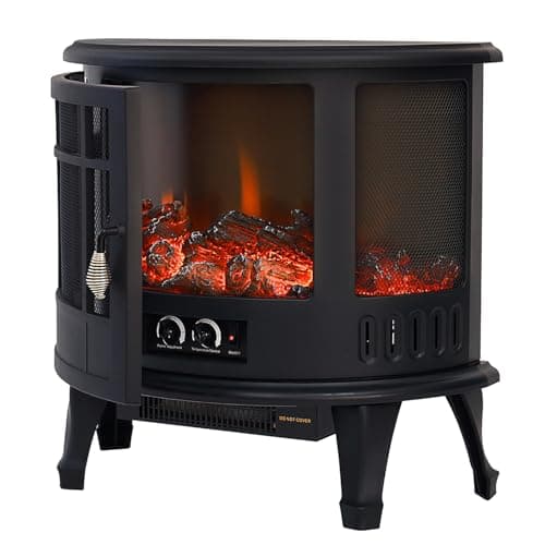 Image of WarmieHomy Electric Fire Stove, Black Retro Electric Fire Freestanding with Realistic LED Log Fire Flame Effect, Adjustable Thermostat, Flame Dimmer, Overheat Protection, 1800W