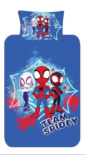 Image of Spidey and His Amazing Friends Bedding Single Duvet Cover Set – Team Spiderman Bedding for Kids – Official Marvel – Polycotton – Spider-Man, Ghost-Spider & Miles Morales Boys Blue Reversible (Single)