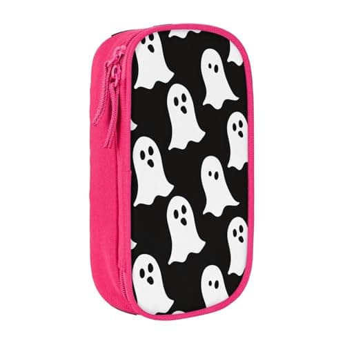 Image of kkvhhyuo Cute White Ghost Halloween Pattern Print Large Pencil Case, Zip Smooth Pencil Pouch for Girls Boys with 2 Compartment Multifunctional Pencils Bag for School Office Travel Makeup Bags, Pink