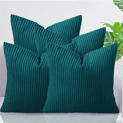 Image of AMEHA Soft Stripe Forest Teal Velvet Cushion Covers 45 x 45 cm Set of 4 Pcs with Invisible Zipper Decorative Square Throw Pillowcases for Bedroom, Sofa (18x18 inch Stripe Cushions)
