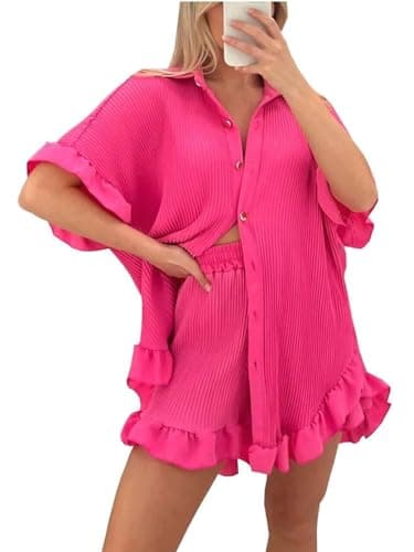 Image of Zaif & Hari Womens Casual Ruffle Frill Pleated Gold Button Shirt and Short Set Ladies Summer Frill Cycling Shorts 2 piece shorts set women Co ord Sets UK-Fuchsia