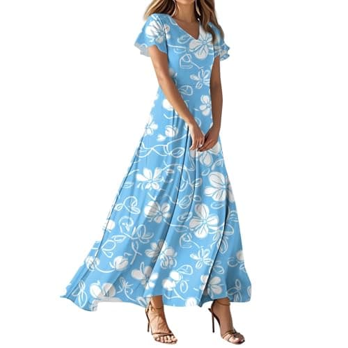 Image of Ladies Short Puff Sleeve V Neck Floral Boho Dresses Flared Flowy Chiffon Maxi Dress Summer Beach Holiday Sundress for Women,Blue,M