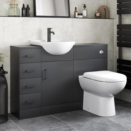 Image of Affine® 1165mm Toilet Vanity Unit Reversible Combination Bathroom Suite Furniture Set, Freestanding Drawer Cabinet, Wash Basin Sink, WC Pan, Seat & Concealed Cistern, Matt Black
