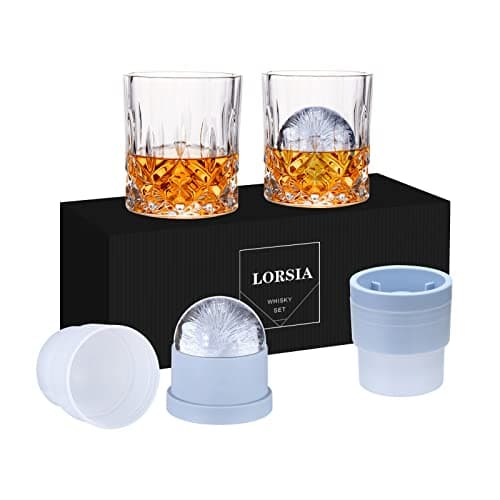 Image of LORSIA Whisky Glass, Set of 4 (2 Crystal Tumbler Glasses, 2 Large Ice Ball Moulds) in Gift Box - 300ml Whiskey Glasses for Scotch Cocktail Rum Cognac Vodka Liqueurs, Unique Gifts for Men