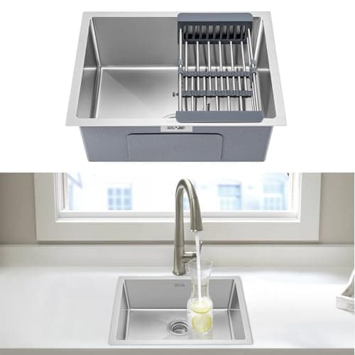 Image of CROWNSHOP Kitchen Sink Stainless Steel Undermount Sink Square Inset Single Bowl with Drainer Waste for Kitchen Utility Room Bar (54 x 44 x 20CM)