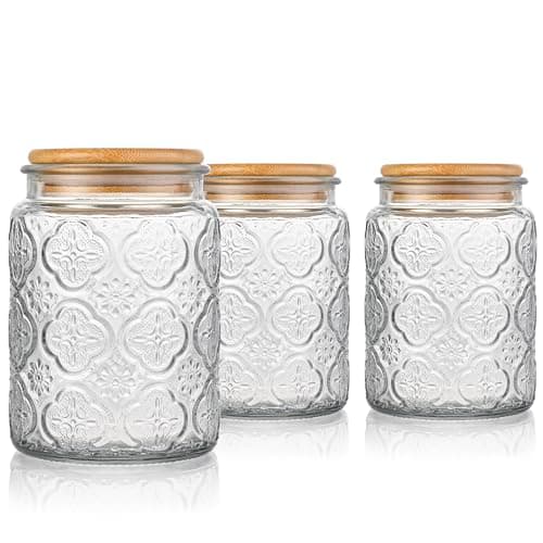Image of Danmu Art Tea Coffee Sugar Canisters Sets Glass Jars with Lids Set of 3 Glass Airtight Storage Jars with Bamboo Lids (Begonia, 700ml)