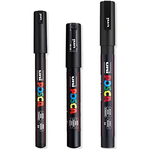 Image of Posca - Ultra Fine to Fine Paint Marker Pens Set - PC-1MR, PC-1M, PC-3M - Black Ink - Pack of 3