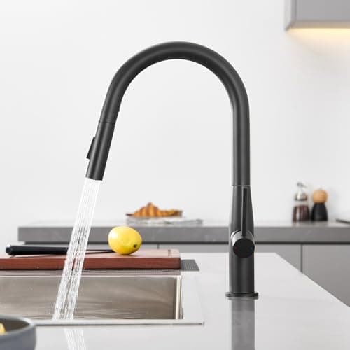 Image of DERW Black Kitchen Mixer Tap, Kitchen Tap with Pull-Out Sprayer, 2 Modes Spray, 360° Swivel Spout, Single Handle High-Arc Design, Water-Saving Cartridge, Easy Installation with Fittings Included