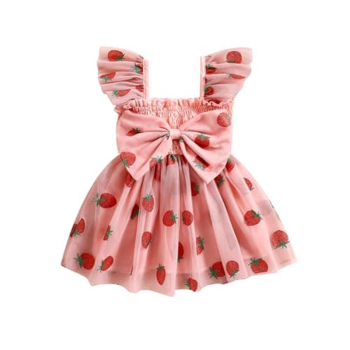 Image of Geagodelia Baby Girl Strawberry Princess Dress Ruffle Sleeve Square Neck Strawberry Print Dresses Bow Front A-Line Layered Tulle Tutu Skirt for Pageant Baptism Wedding Birthday (Pink, 12-18 Months)