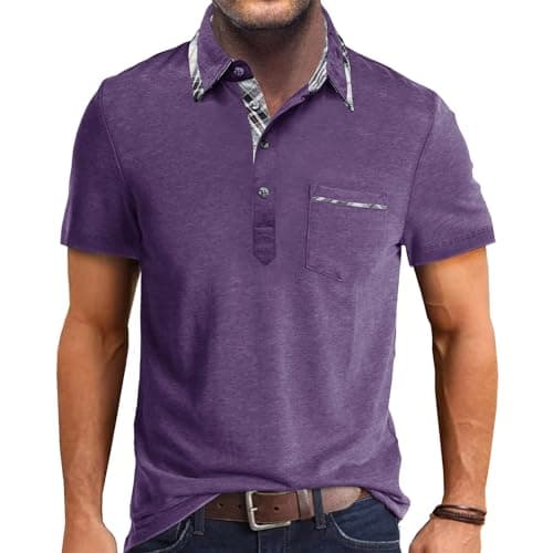 Image of Comilaka Men's Short Sleeve Casual Polo Shirts Classic Button Contrasting Colors T- Shirts with Pocket Stylish Tops Purple