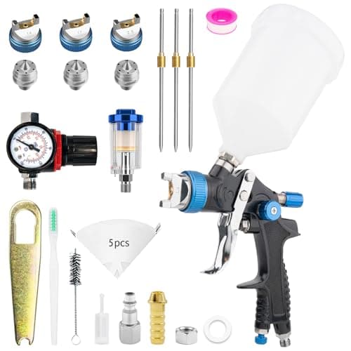 Image of HVLP Spray Gun Kits, Paint Sprayer with 3 Nozzles 1.4/1.7/2.5mm Nozzle & Pressure Gauge& Oil-Water Separator, 600ML Cup, Gravity Feed Air Spray Gun for House, Fence, DIY (Blue)