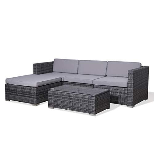 Image of EVRE California Rattan Garden Furniture Set 5 Piece 3 Seater Sofa 1 Ottoman 1 Coffee Table Outdoor Wicker Weave Lounge Sofa and Glass Top Table with Cushions (Grey)