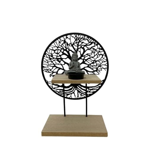 Image of Tea Light/Tealight/Single Candle Holder - Buddha with Tree - Wood/Metal