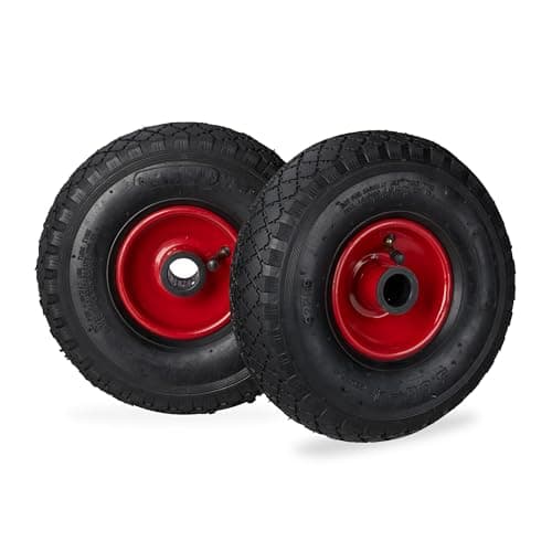 Image of Relaxdays Set of 2 Hand Truck Spare Tyres, 3.00-4, Pneumatic Wheels with Steel Rim, 25 Hub Diameter, Black/Red