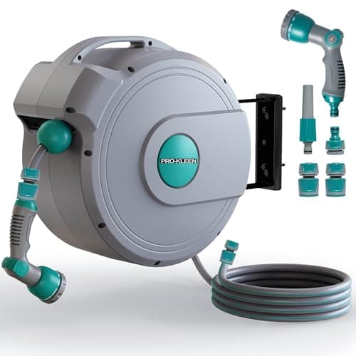 Image of Pro-Kleen Retractable Hose Reel Wall Mounted 20M, Auto Lock, Auto Rewind, 10 Function Spray Gun Nozzle, 180 Degree Pivot Swivelling, Long Reach, Garden Outdoor, Vehicle Watering Pipe Heavy Duty (20M)
